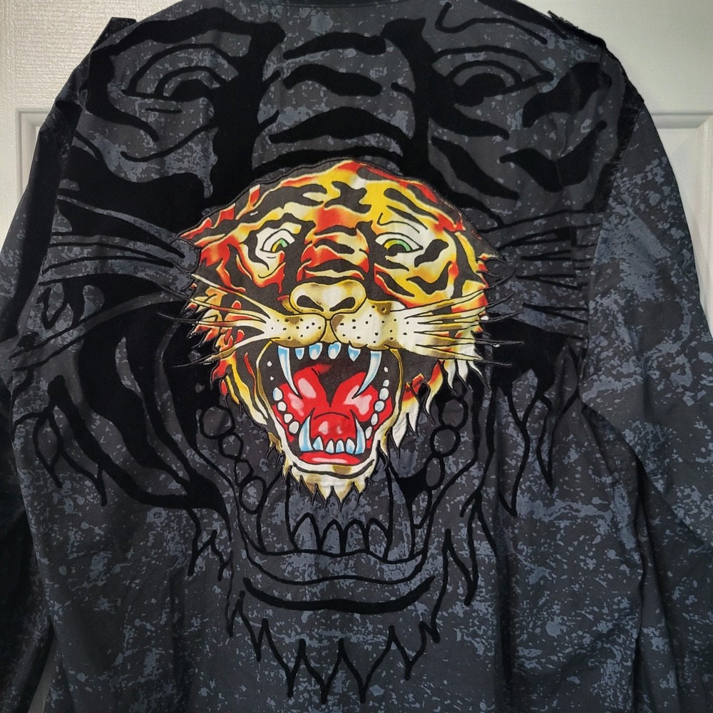 Ed Hardy Tiger Back Hit Button Up Shirt Mens XL‎ Black Y2K Tattoo Graphic